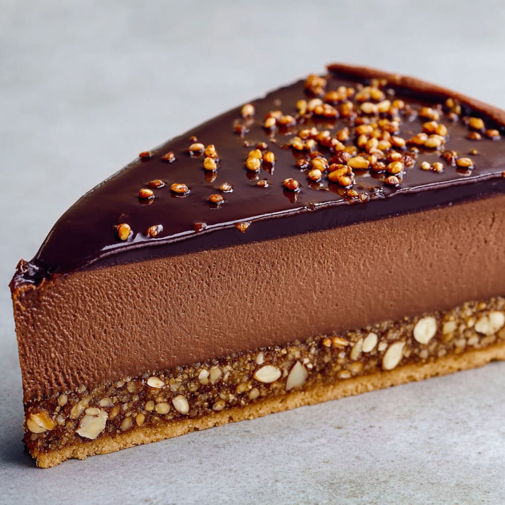 Flan chocolat noir et praliné sarrasin fondant à souhait sur la tranche.