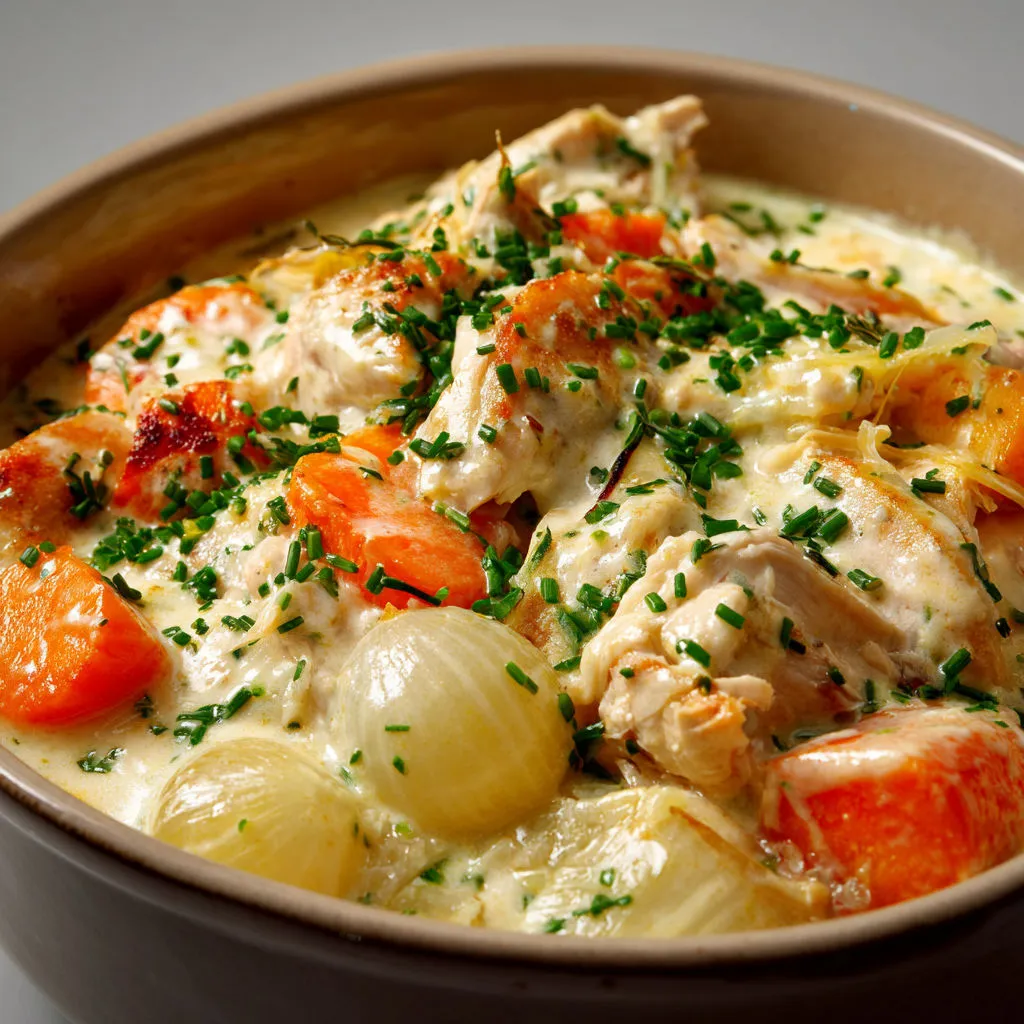 Blanquette de dinde tendre avec ses petits légumes et sauce crémeuse au citron.