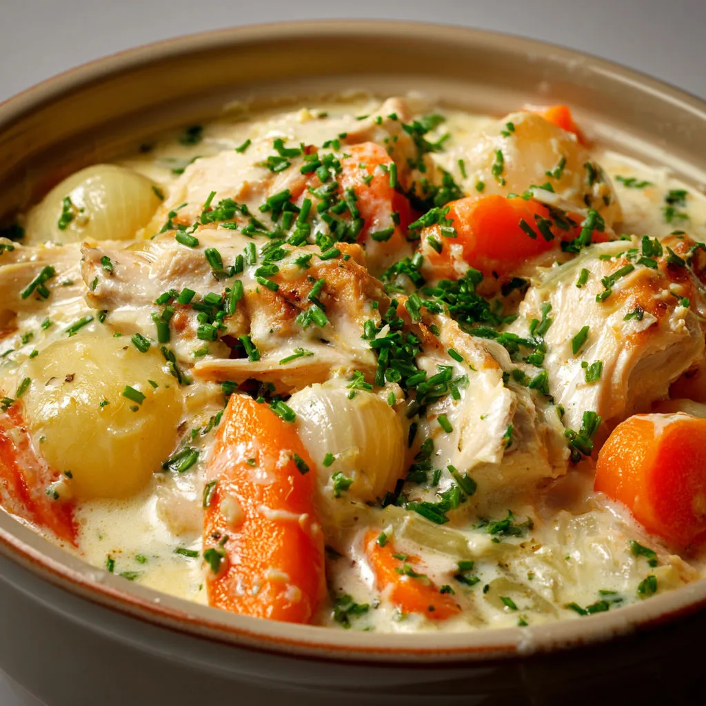 Blanquette de dinde, carottes et oignons, plat doux et ultra rassurant.