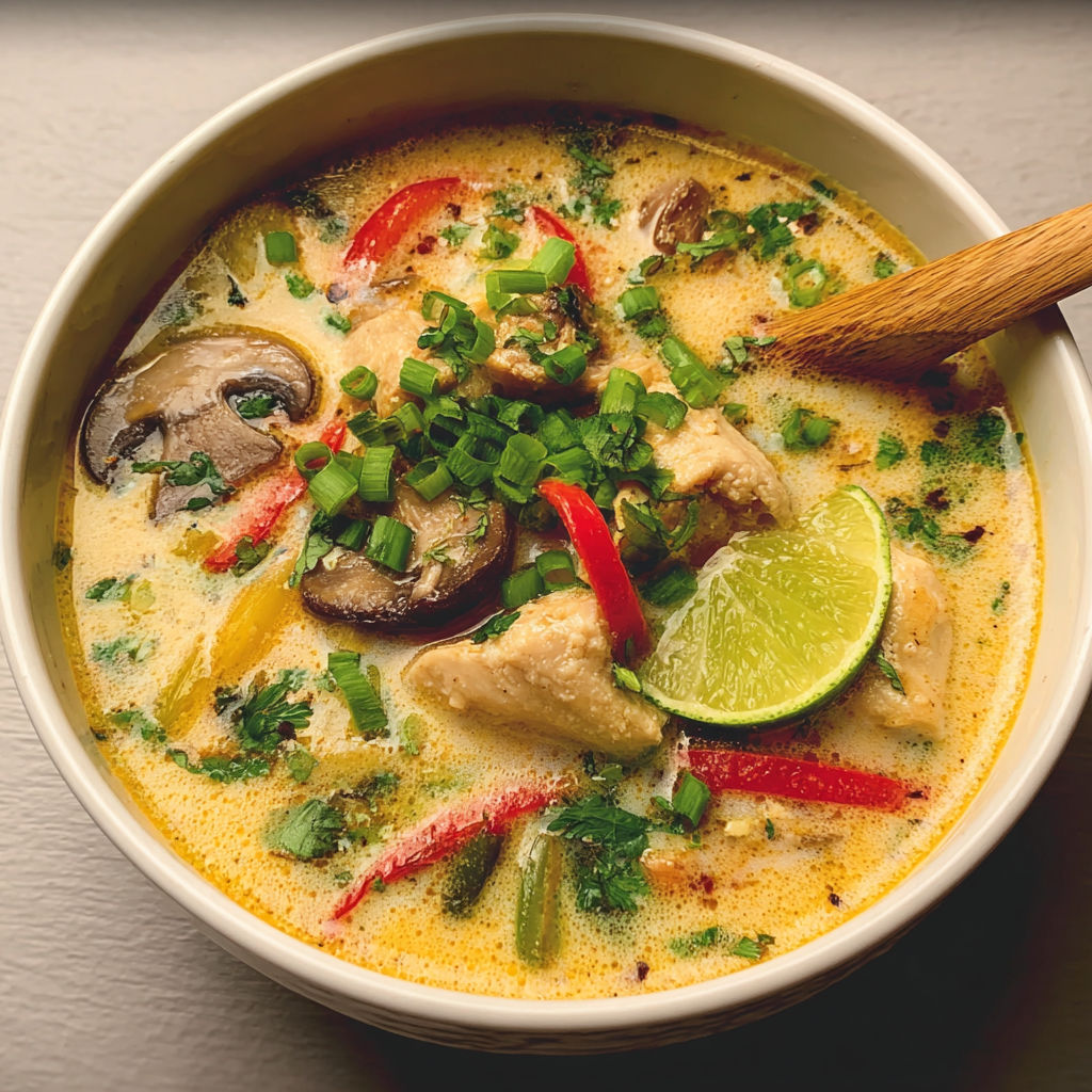 Un généreux bol de soupe au poulet thaïe et citronnelle.