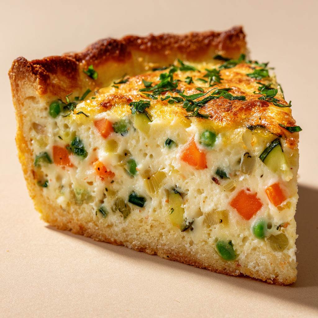 Une part de tarte ricotta légumes posée sur la table.