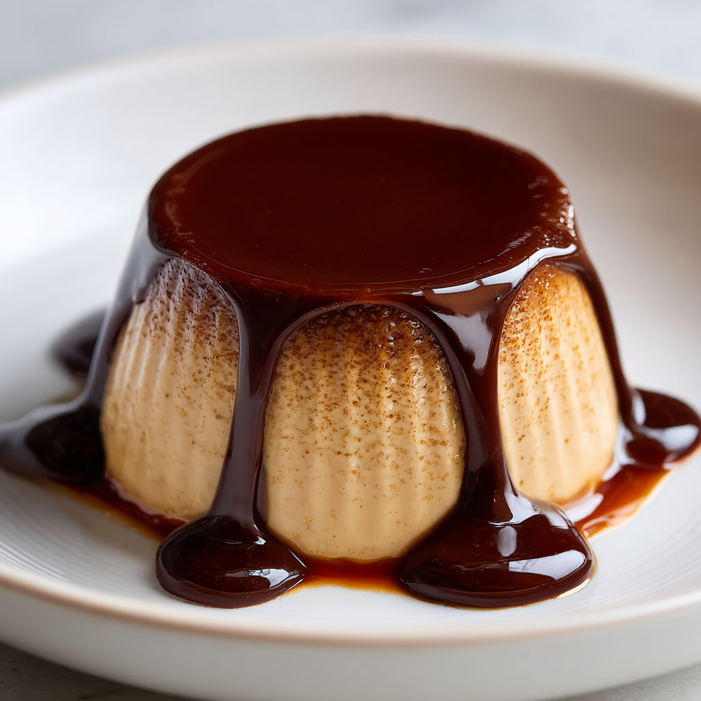 Crème café nappée de sauce chocolat intense.