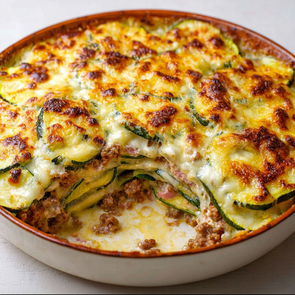 Un délicieux gratin de courgettes bien gratiné avec des tranches visibles et une sauce onctueuse.