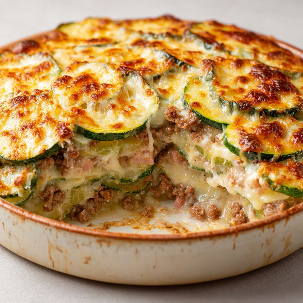 Gratin de courgettes façon maison avec viande et croûte dorée bien fondante.