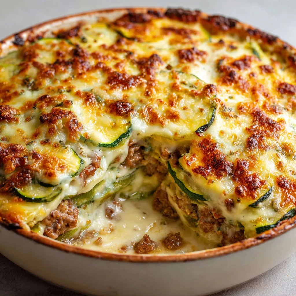 Plat de courgettes gratinées à la viande, crémeux et super réconfortant.