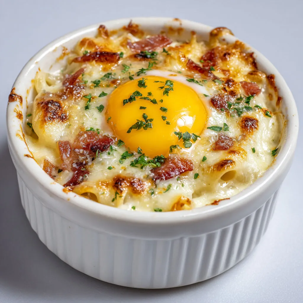Œufs gratinés à la carbonara, fondants et gourmands.