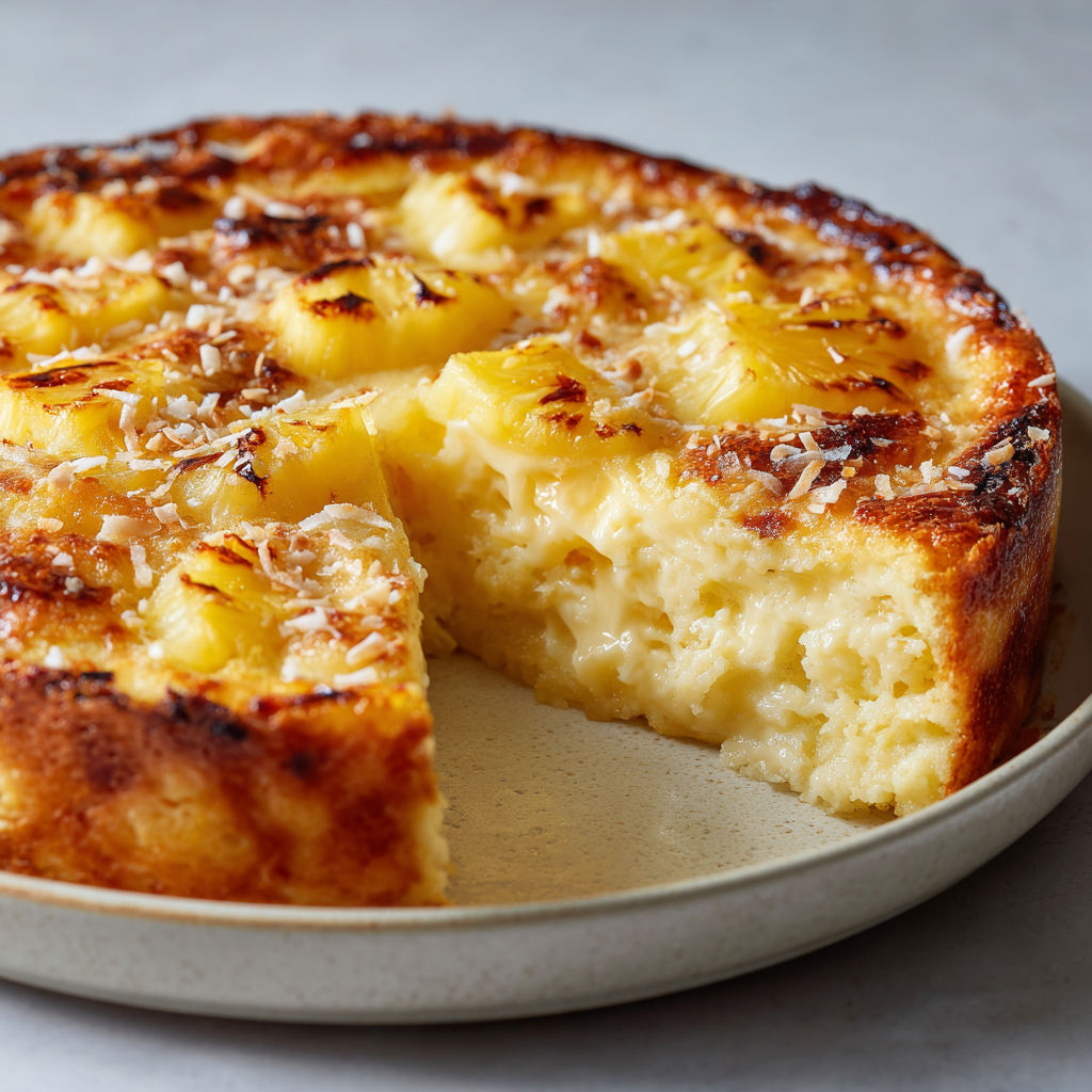 Dessert clafoutis tropical ananas coco, crémeux et plein de fruits, idéal à la maison.