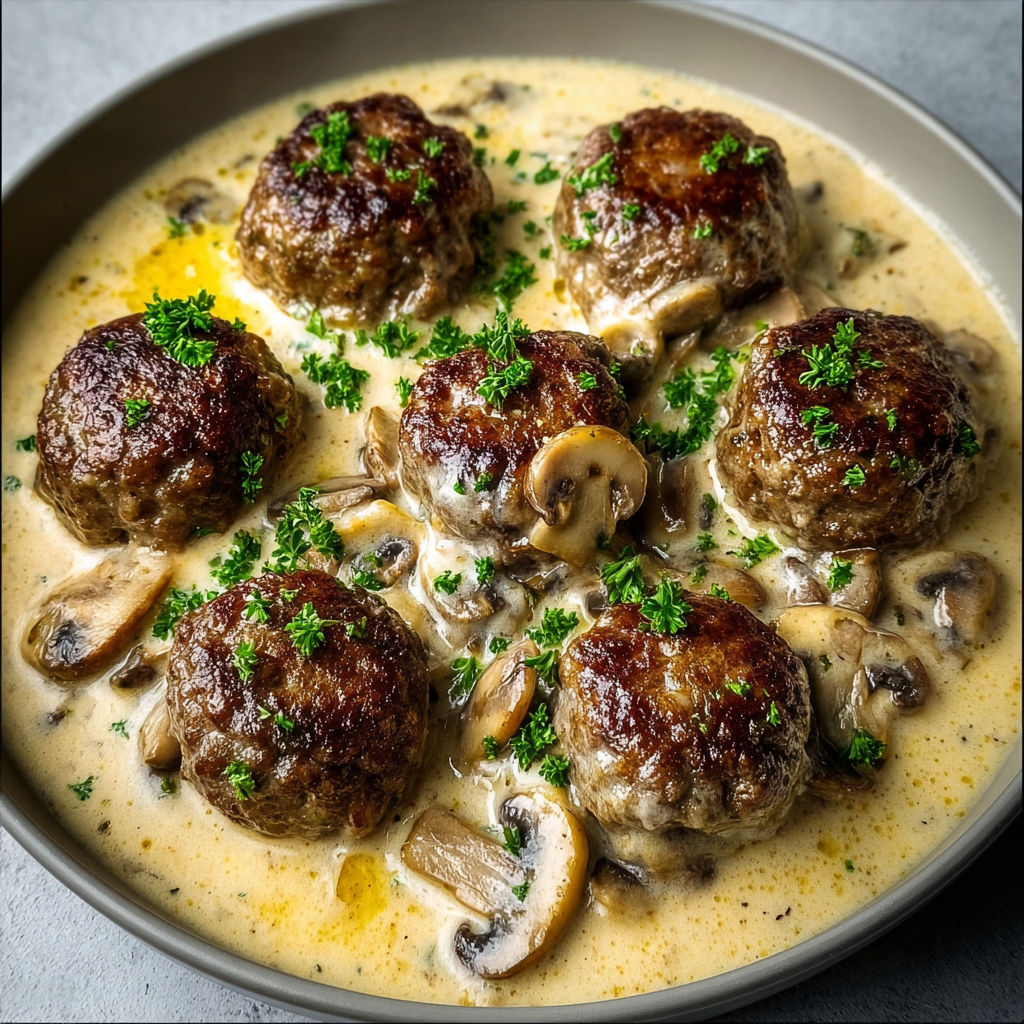Des boulettes savoureuses en sauce aux champignons crémeuse.
