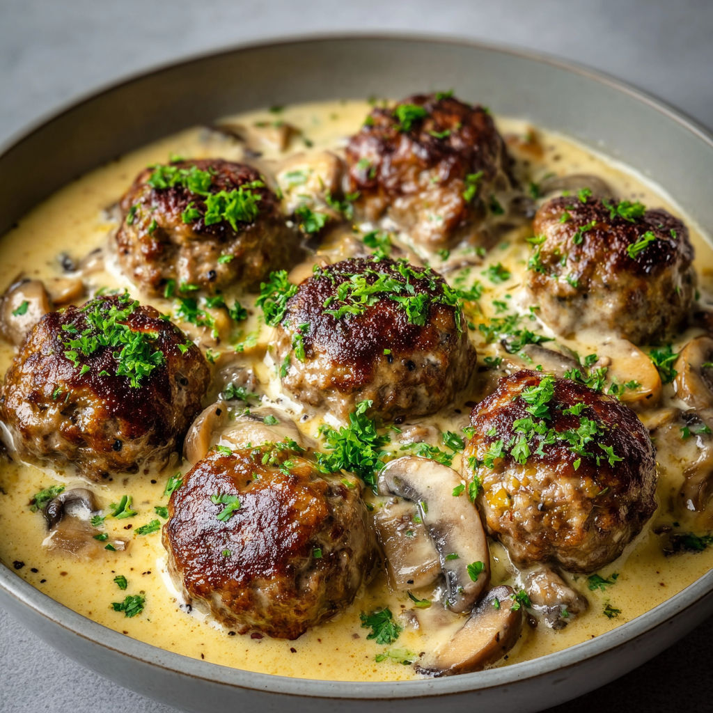 Boulettes maison nappées d'une sauce crémeuse aux champignons de Paris, tout en douceur.
