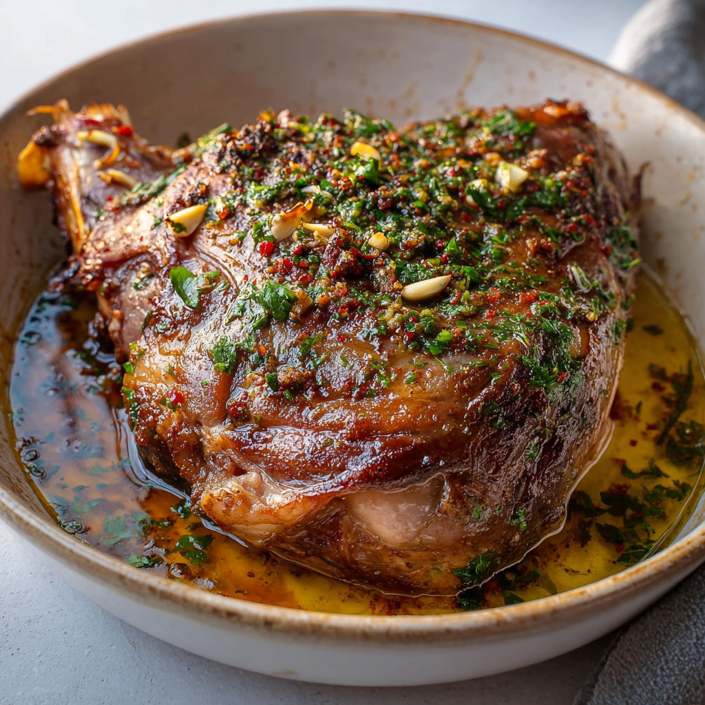 Épaule d'agneau cuisinée avec une sauce citron et persil.
