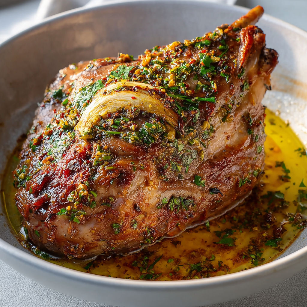 Épaule d’agneau tendre au citron et herbes, relevée d’épices, cuite longuement au four.