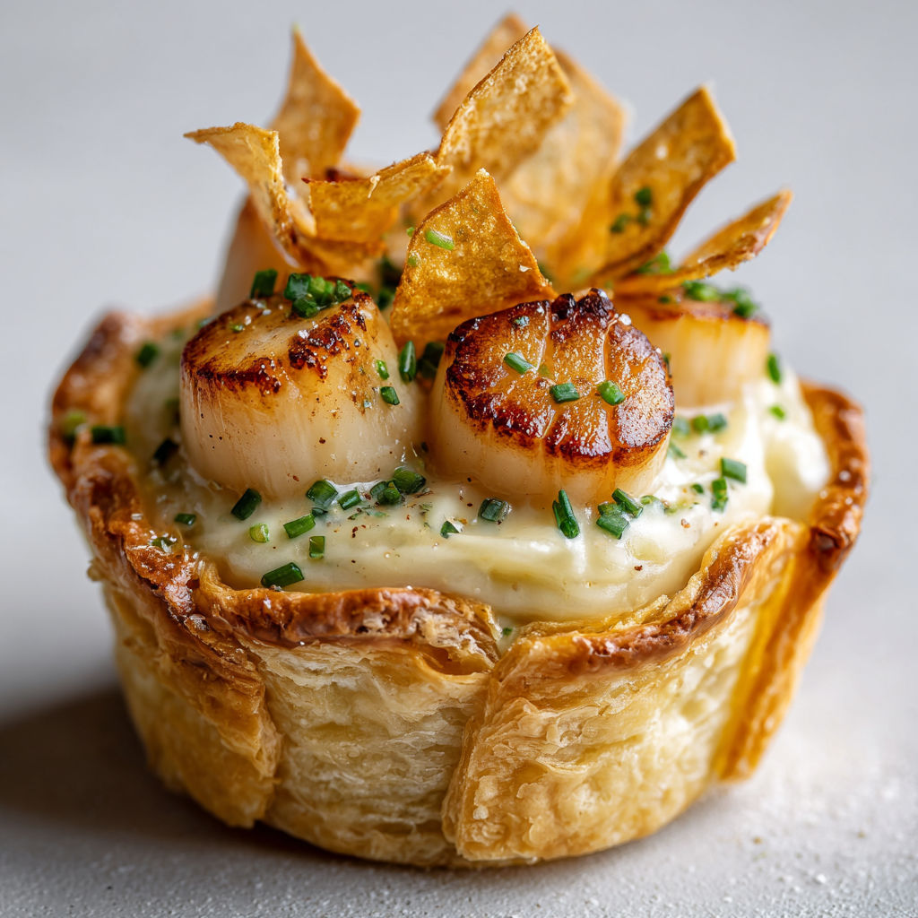 Vol-au-vent chic aux Saint-Jacques avec purée de topinambours et chips de salsifis faites maison.