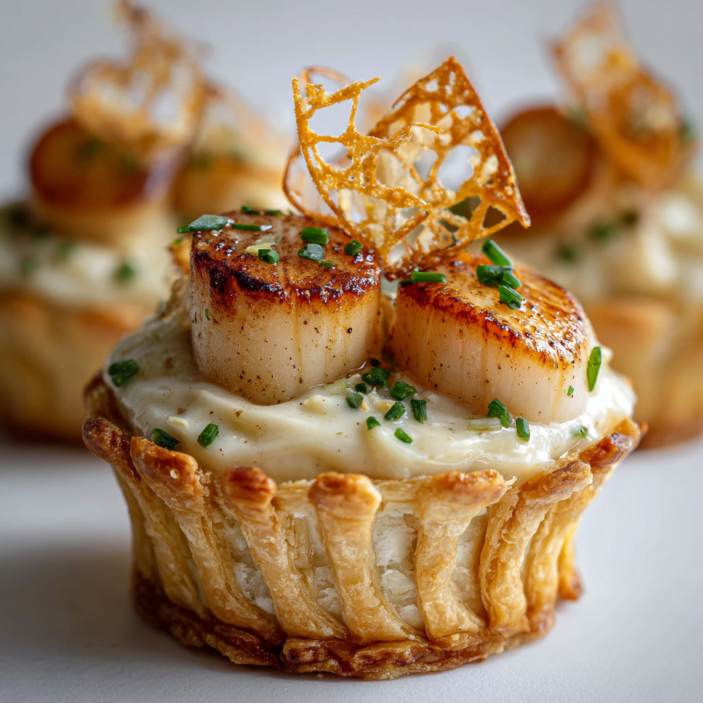 Vol-au-vent délicat aux Saint-Jacques et purée de topinambour, finition chips de salsifis croquantes.