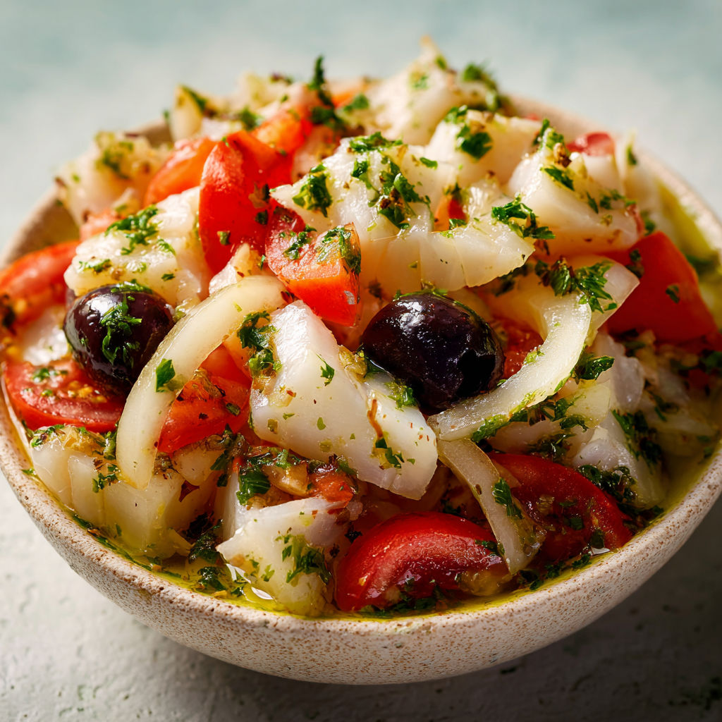 Bol en céramique rempli de salade catalane avec tomates, olives et persil frais.
