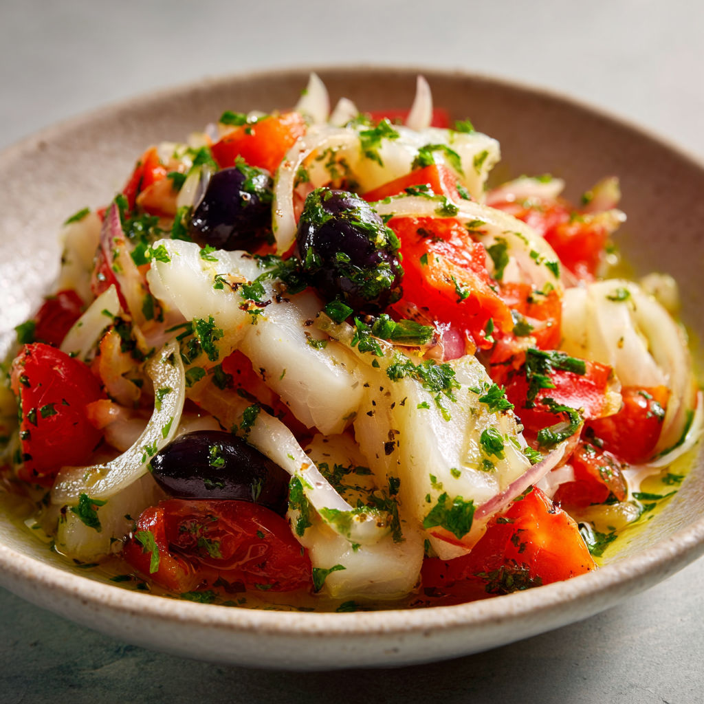 Salade catalane à la morue et huile de persil maison, éclatante de fraîcheur et goût du sud.