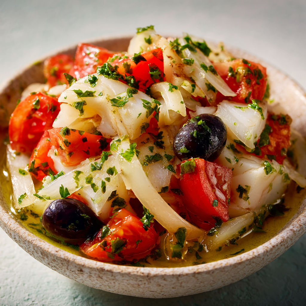 Salade de morue façon catalane, dynamisée par une huile de persil au caractère bien trempé.