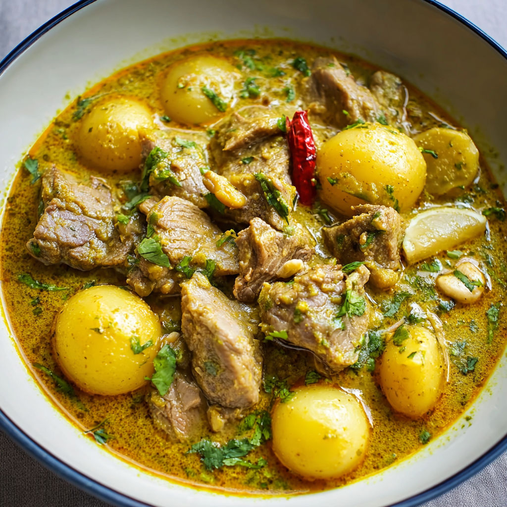 Un plat coloré de curry thaï d'agneau avec viande et légumes.