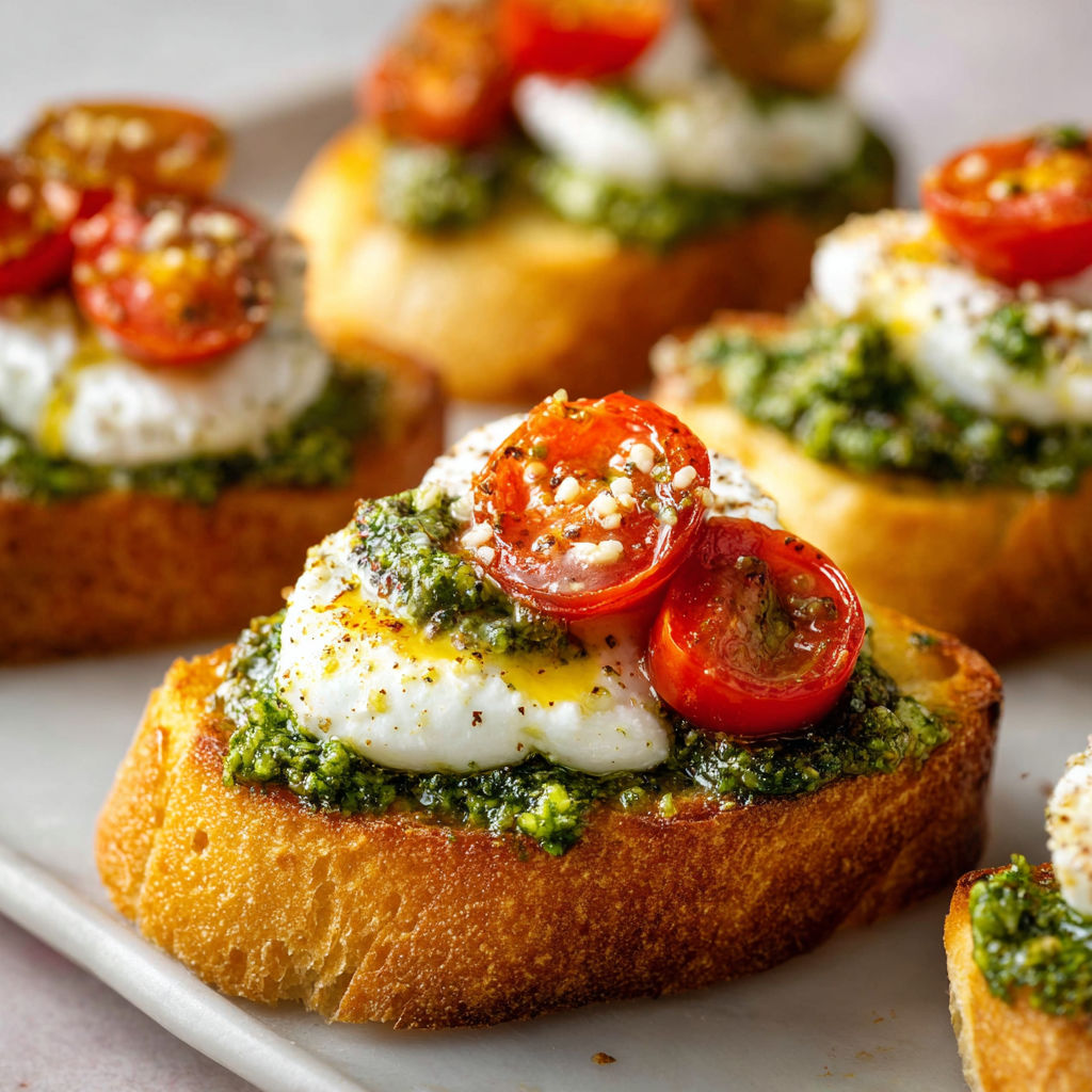 Crostini garnis de burrata pesto en quelques minutes.