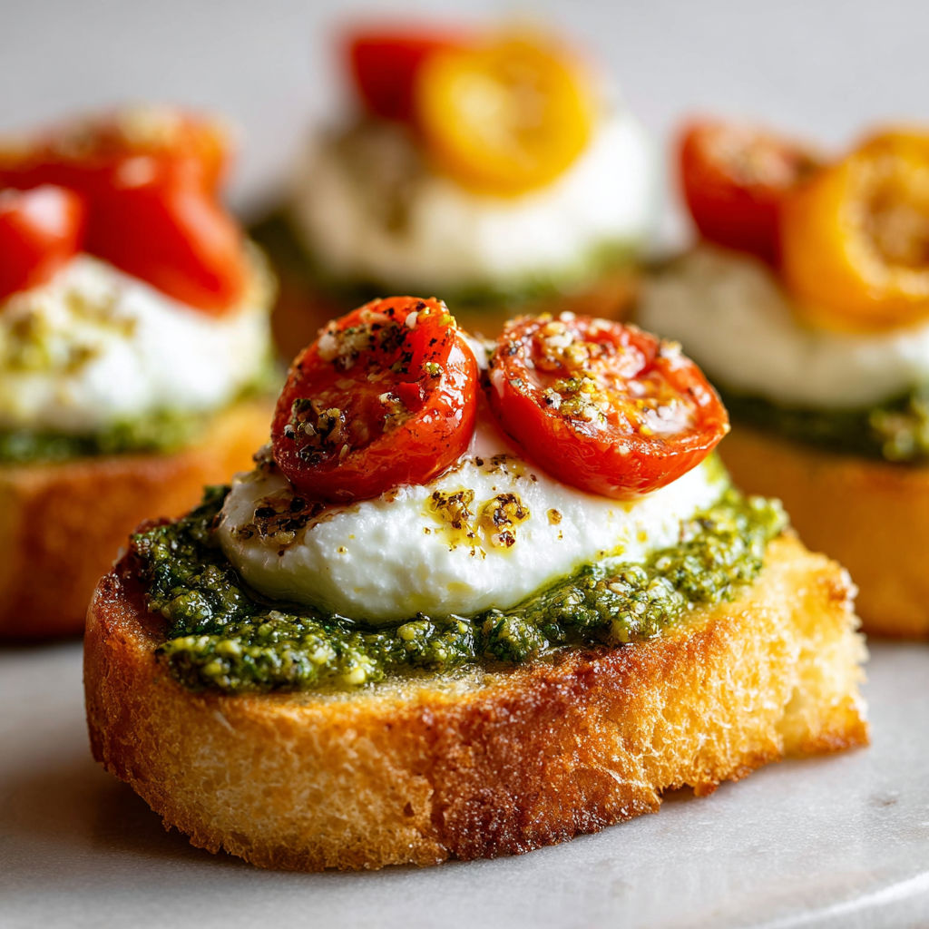 Crostini express à la burrata crémeuse, tomates fraîches et pesto parfumé au basilic.