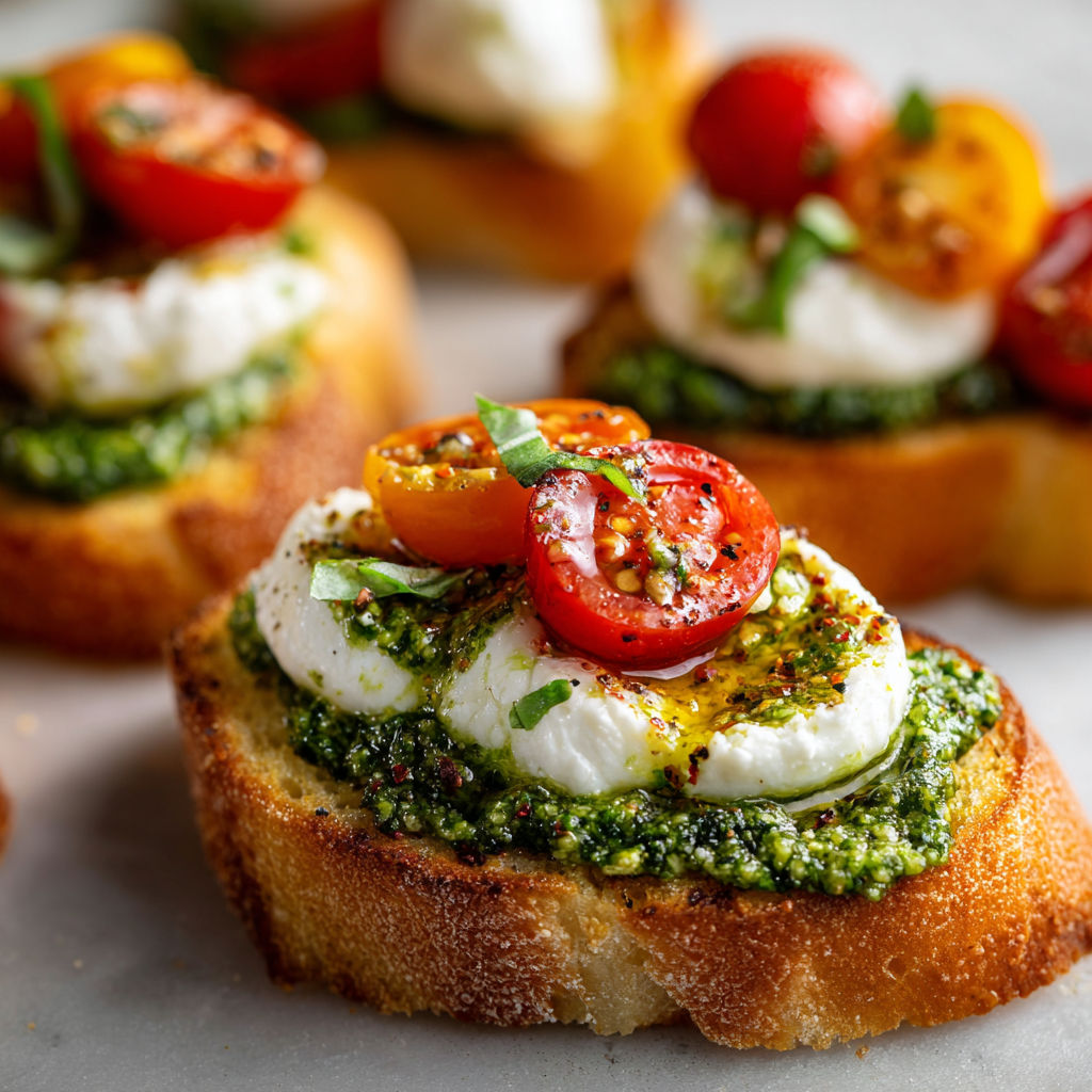 Crostini burrata pesto ultra gourmands, prêts en quelques minutes et croustillants à souhait.
