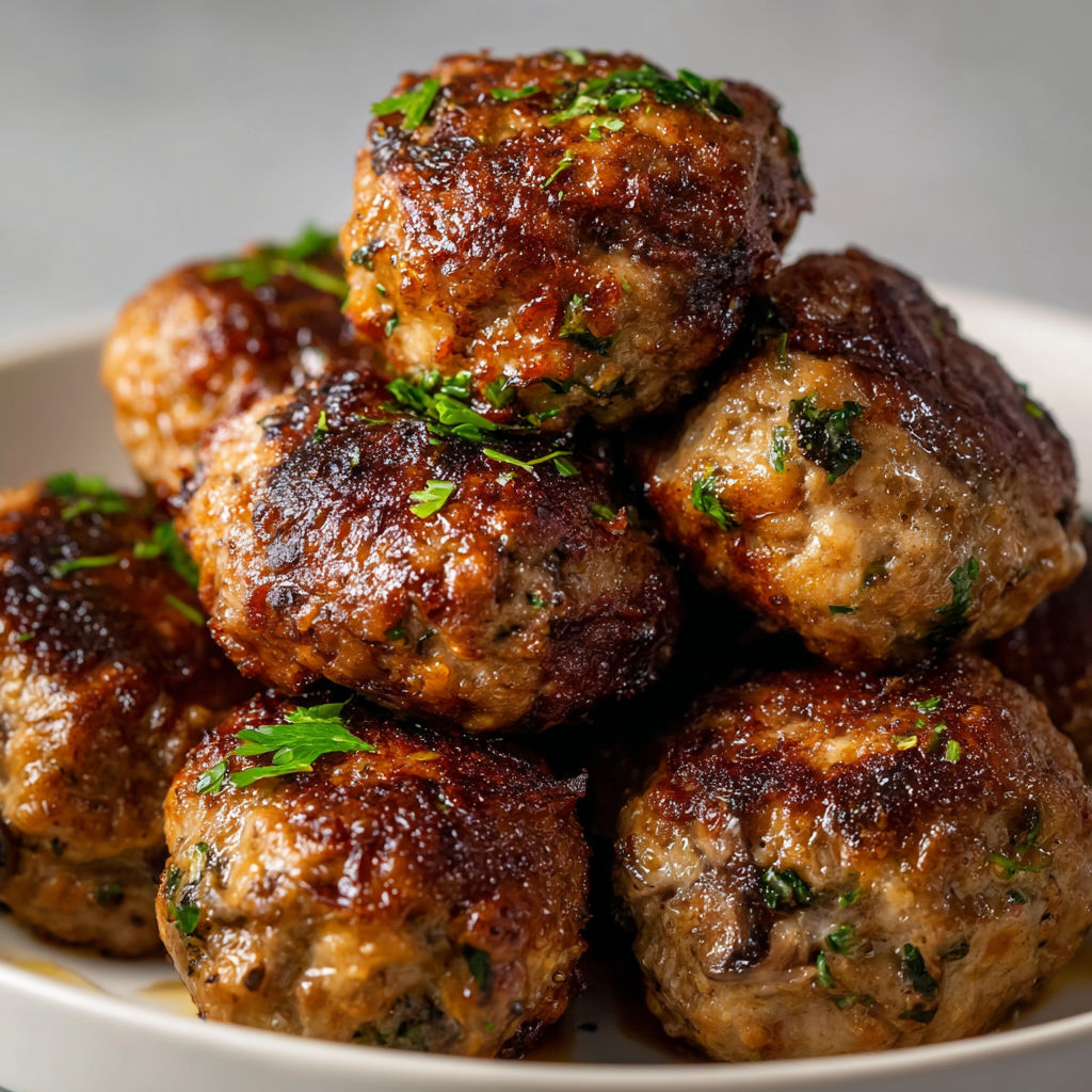 Boulettes dorées servies sur une assiette avec champignons et herbes fraîches.