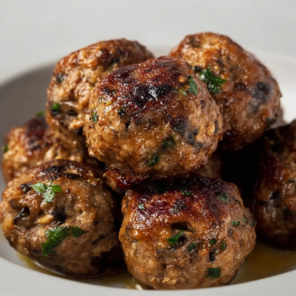 Boulettes maison ail et champignons, texture crousti-fondante, 100% végétale.