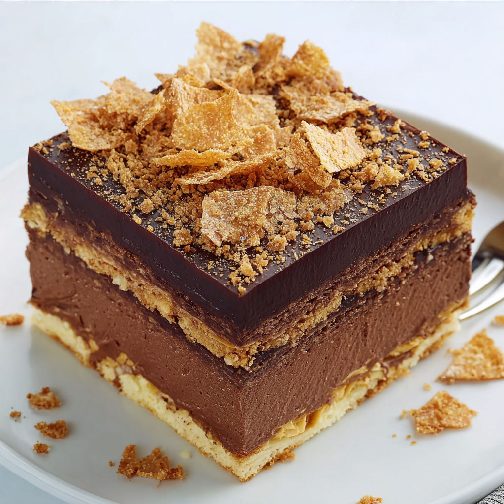 Un dessert Trianon au chocolat avec une touche croquante, prêt à être dégusté.