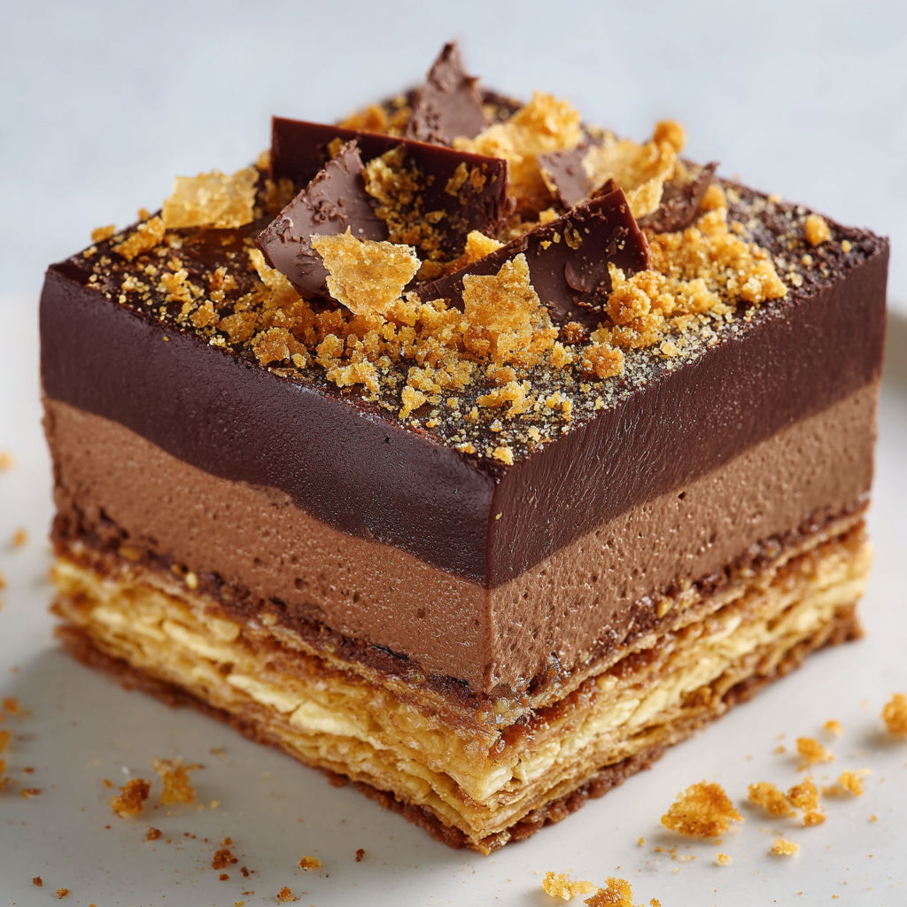 Gâteau façon Trianon au praliné croustillant et chocolat noir, super gourmand.