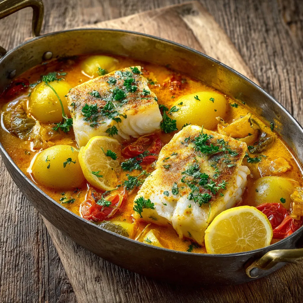 Morue façon bouillabaisse, patates fondantes et bouillon safrané typique du Sud.