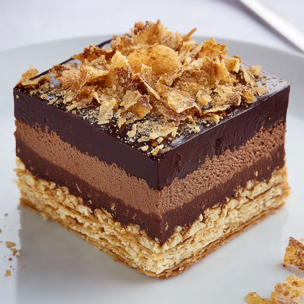 Gâteau Trianon bien fondant et croustillant avec ses couches gourmandes.