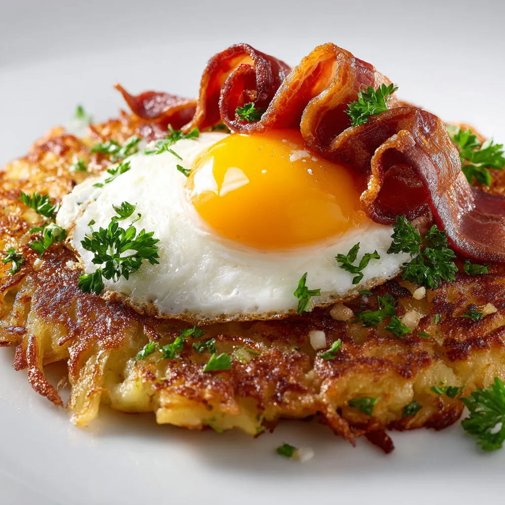 Œufs et bacon sur galettes pommes-patate, croquant et doux à la fois.