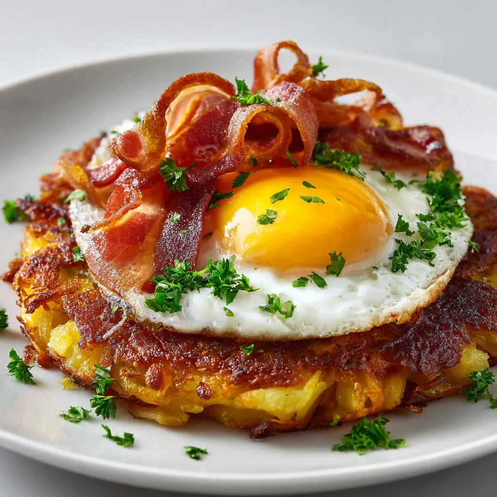 Galettes de pommes de terre et pomme, œuf coulant et bacon doré pour brunch généreux.