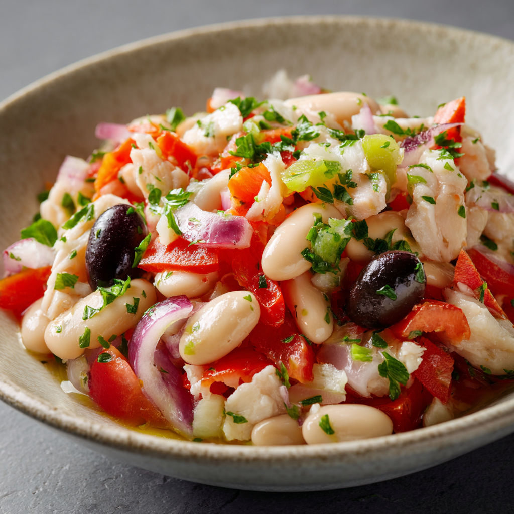 Salade catalane à la morue et haricots blancs pleine de fraîcheur et soleil.