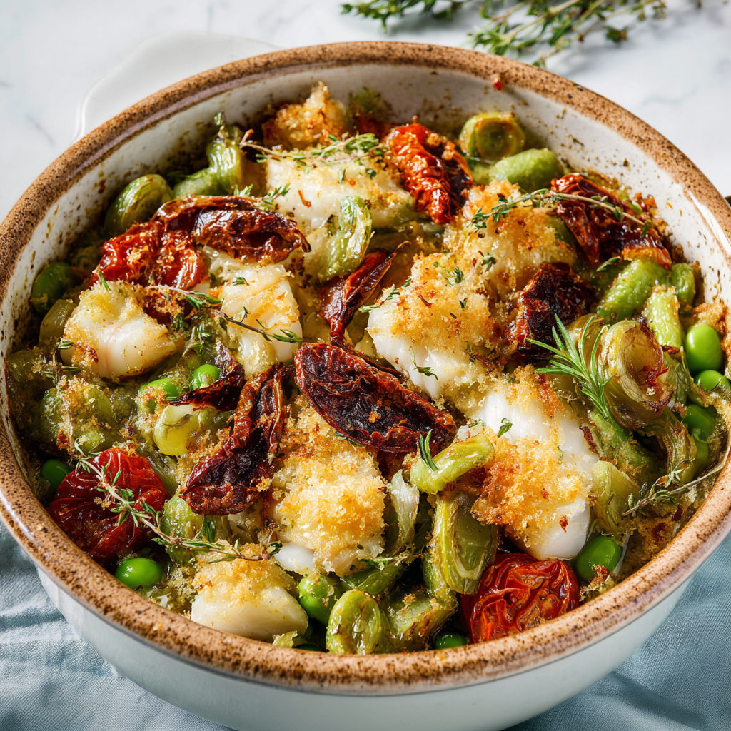 Un plat de morue gratinée avec fèves et tomates fondantes, servi dans un plat en terre cuite.