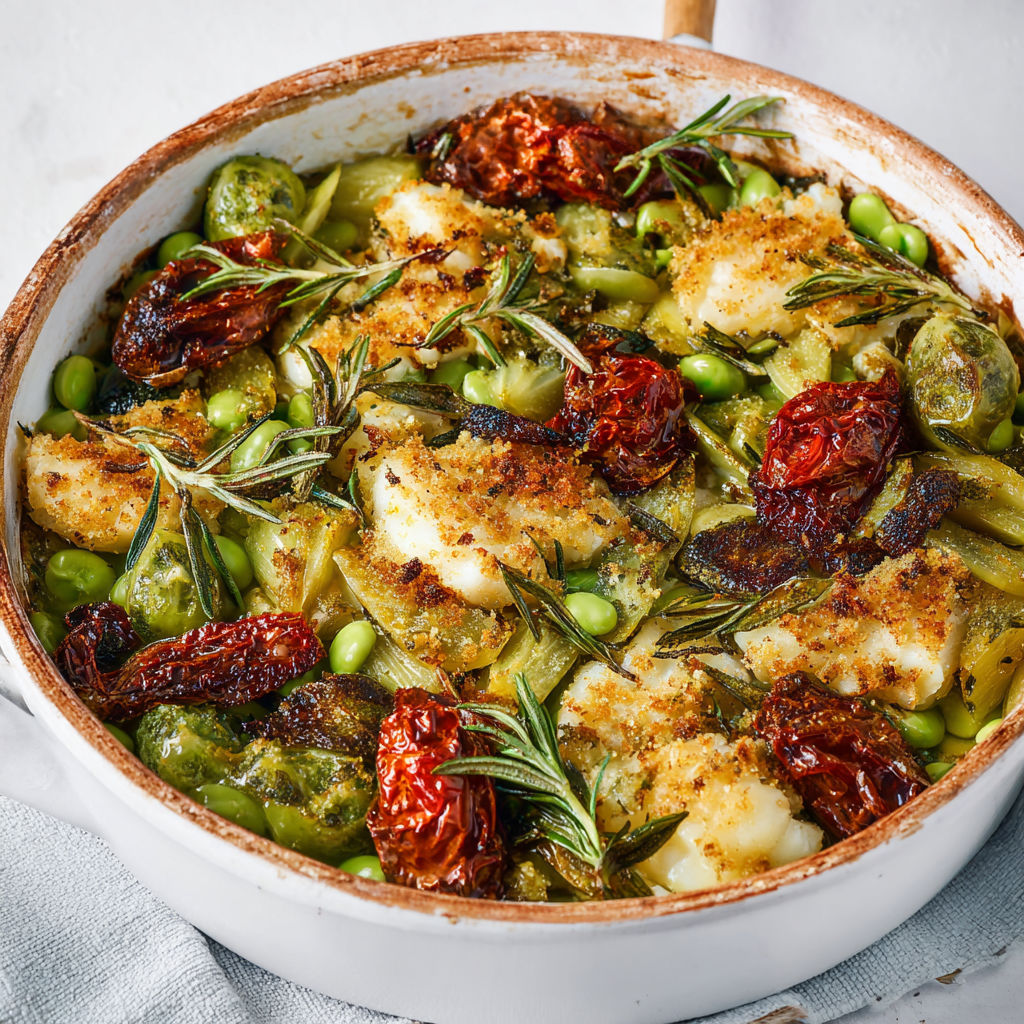 Un plat gratiné de morue aux fèves et tomates du Sud, convivial et savoureux.