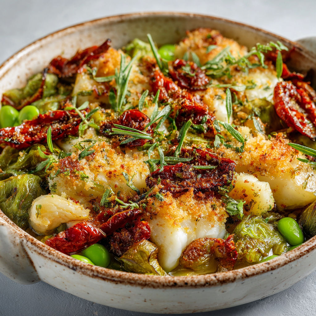 Morue gratinée aux fèves et tomates du Sud, généreux et convivial.