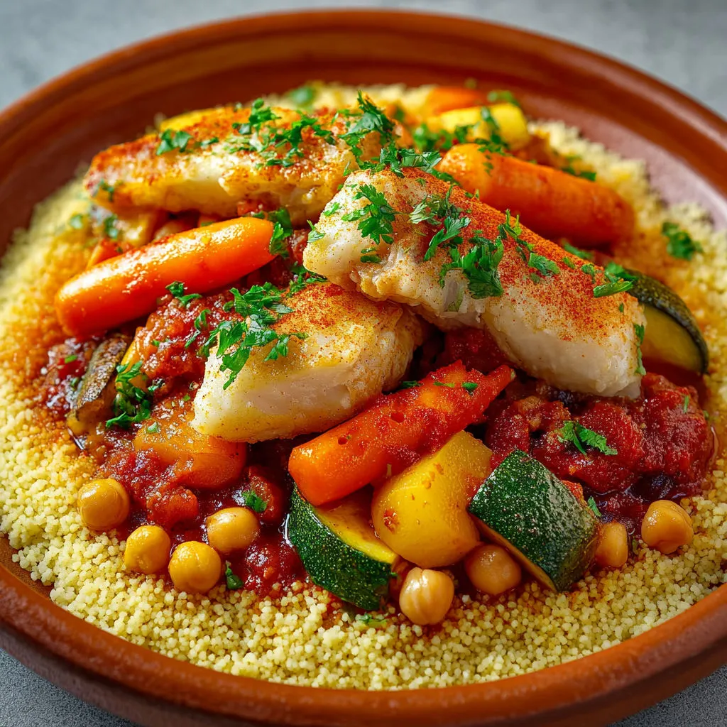 Couscous de lotte au safran super parfumé et coloré, saveur marine et épicée