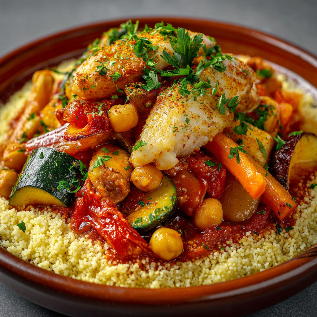 Couscous au poisson et légumes au safran, généreux et super parfumé.
