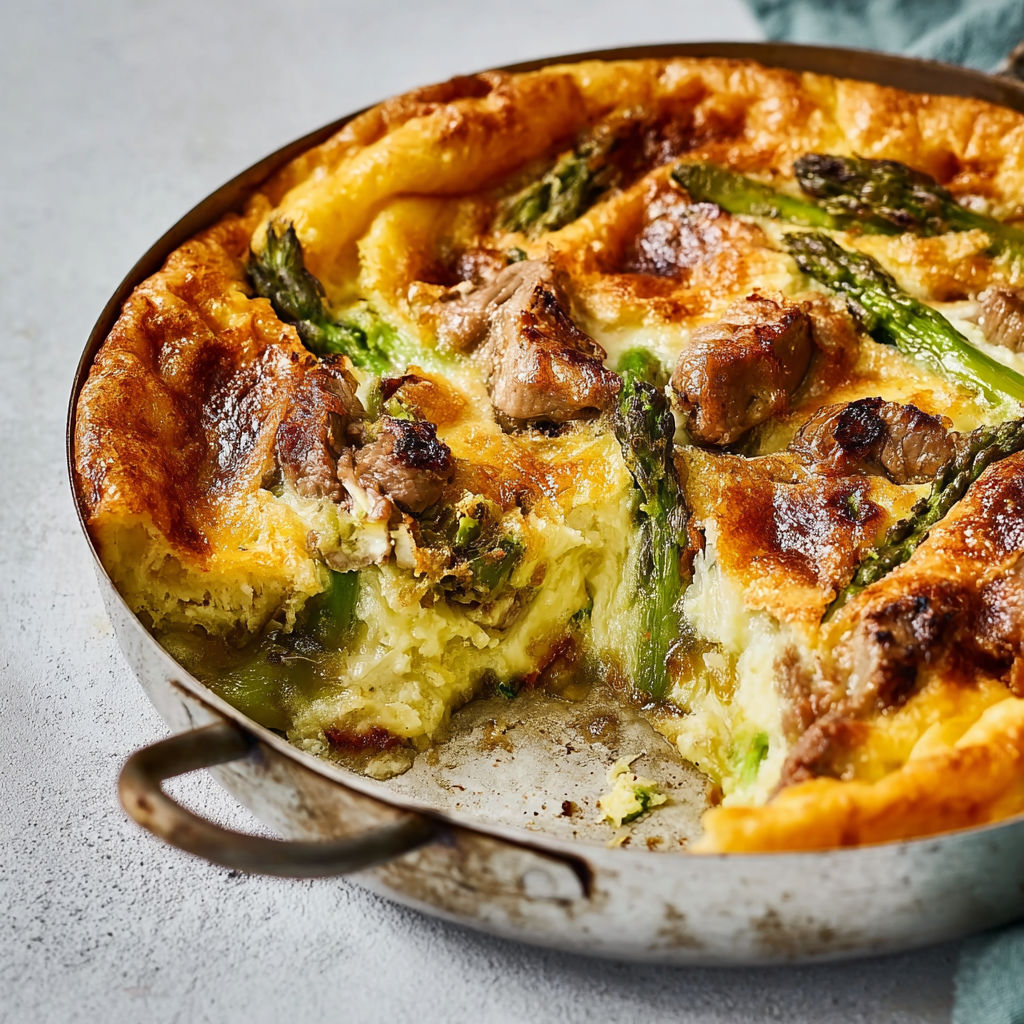 Un plat d’asperges vertes et de légumes dorés disposé dans une assiette en métal.
