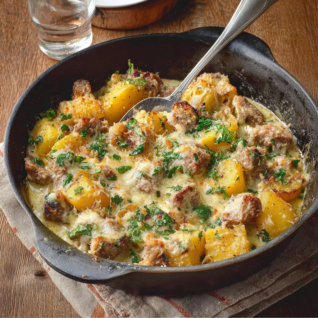 Agneau doré au four avec pommes de terre et pecorino, rustique et savoureux.