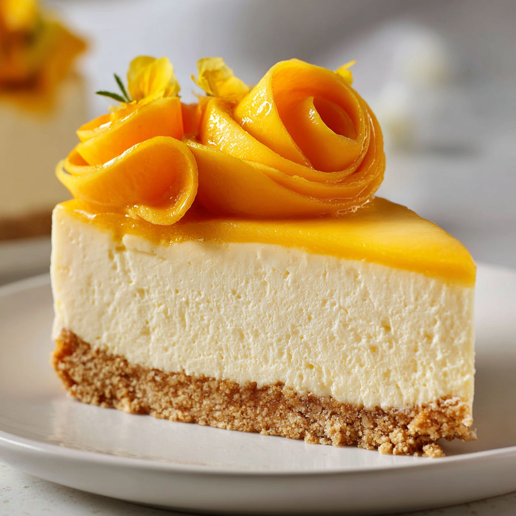 Part délicate d'un gâteau mousse mangue et yogourt sur un plateau.