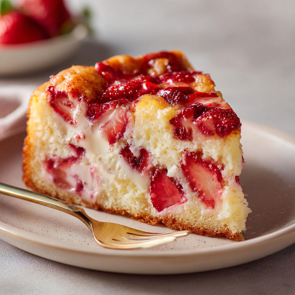 Une tranche de moelleux aux fraises simple, avec cuillère argentée sur plateau.