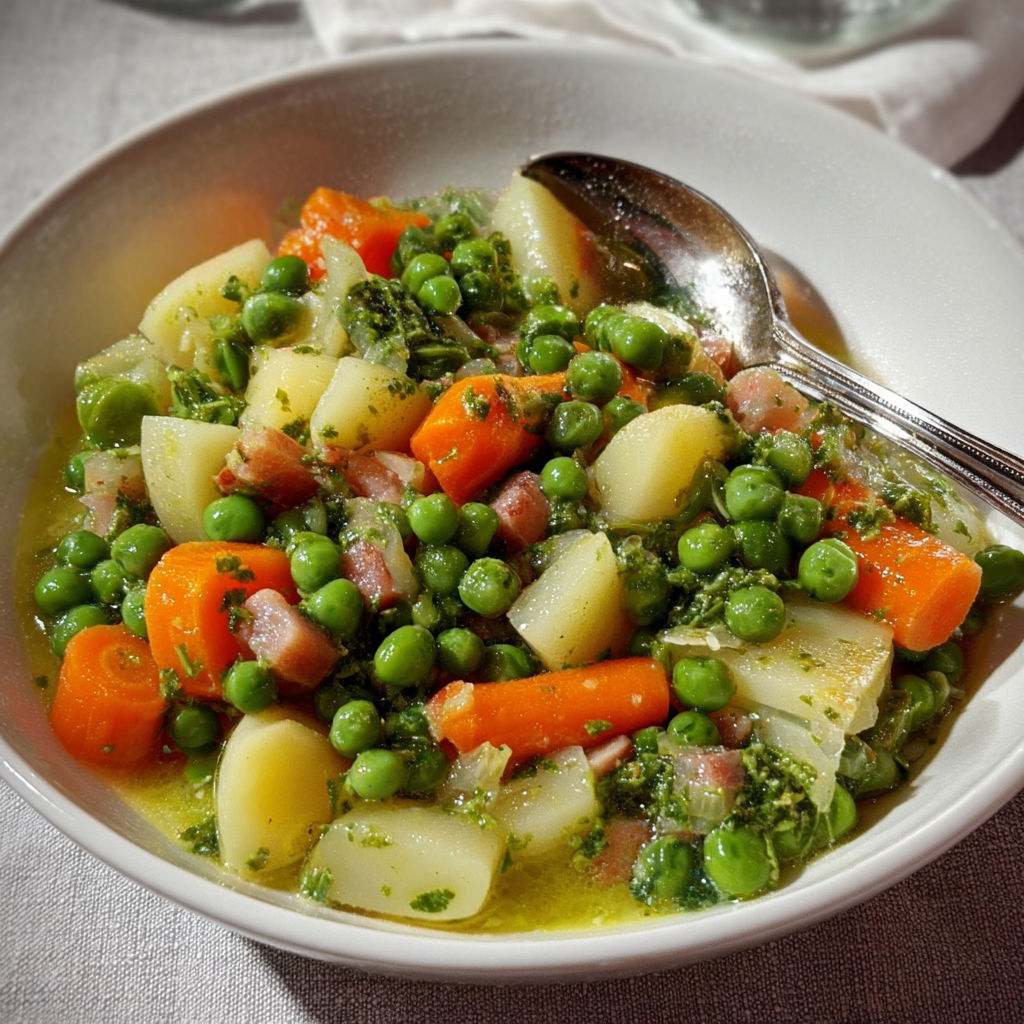 Méli-mélo de légumes tendres laitue romaine carottes petits pois et bouillon parfumé.