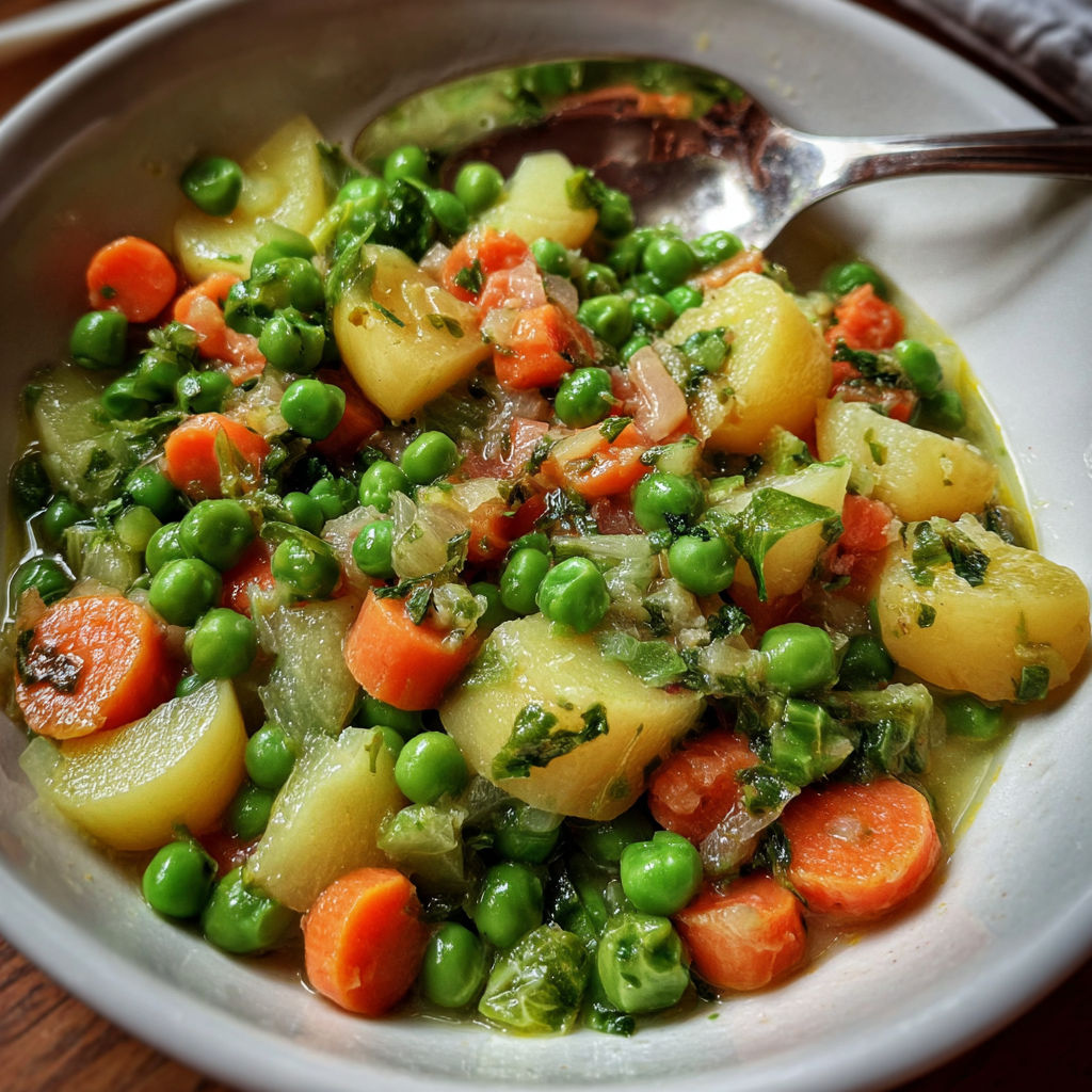 Poêlée simple de carottes, légumes verts et laitue avec persil frais, mijoté doucement au bouillon.