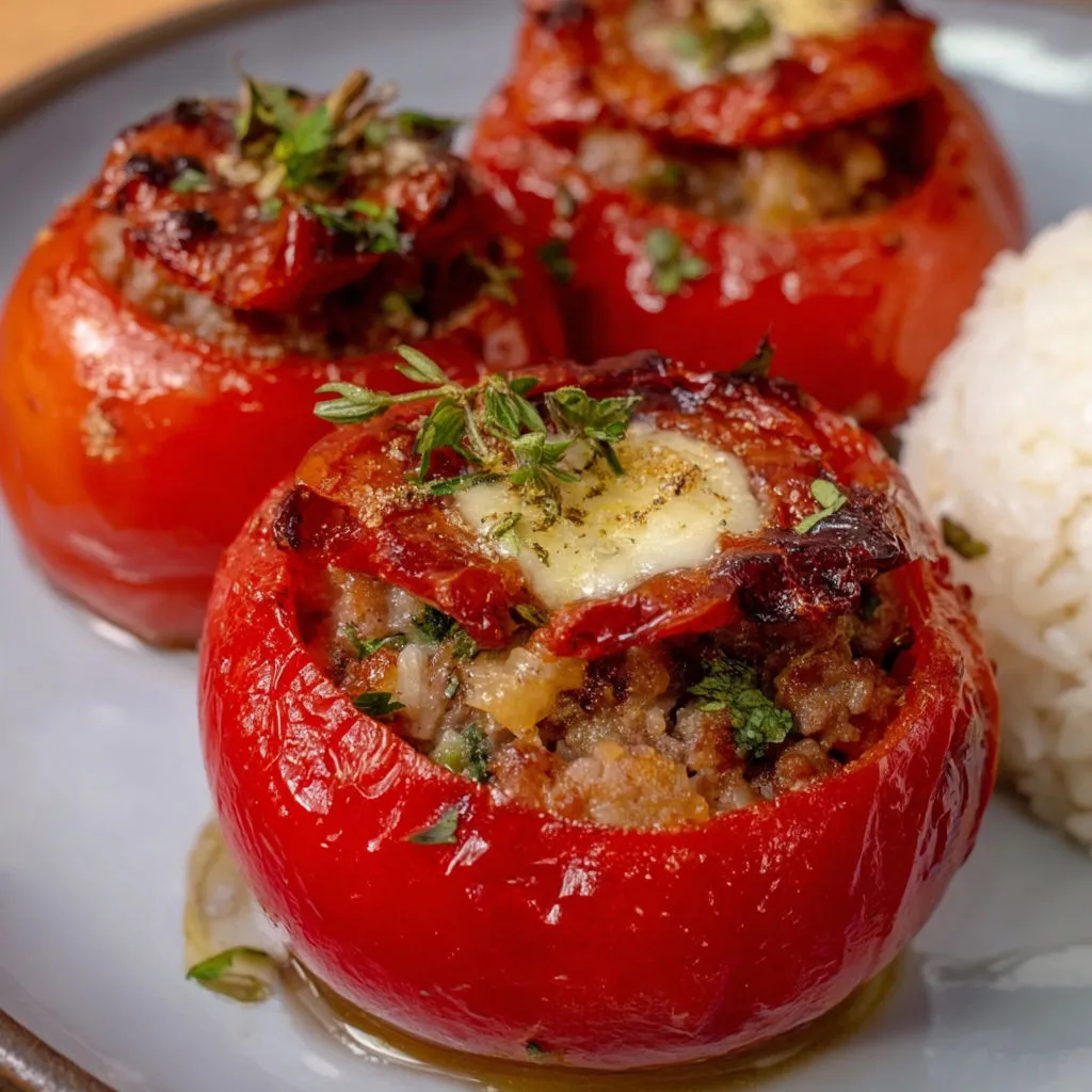 Tomates rondes gratinées farcies à la viande et aux oignons bien fondus.