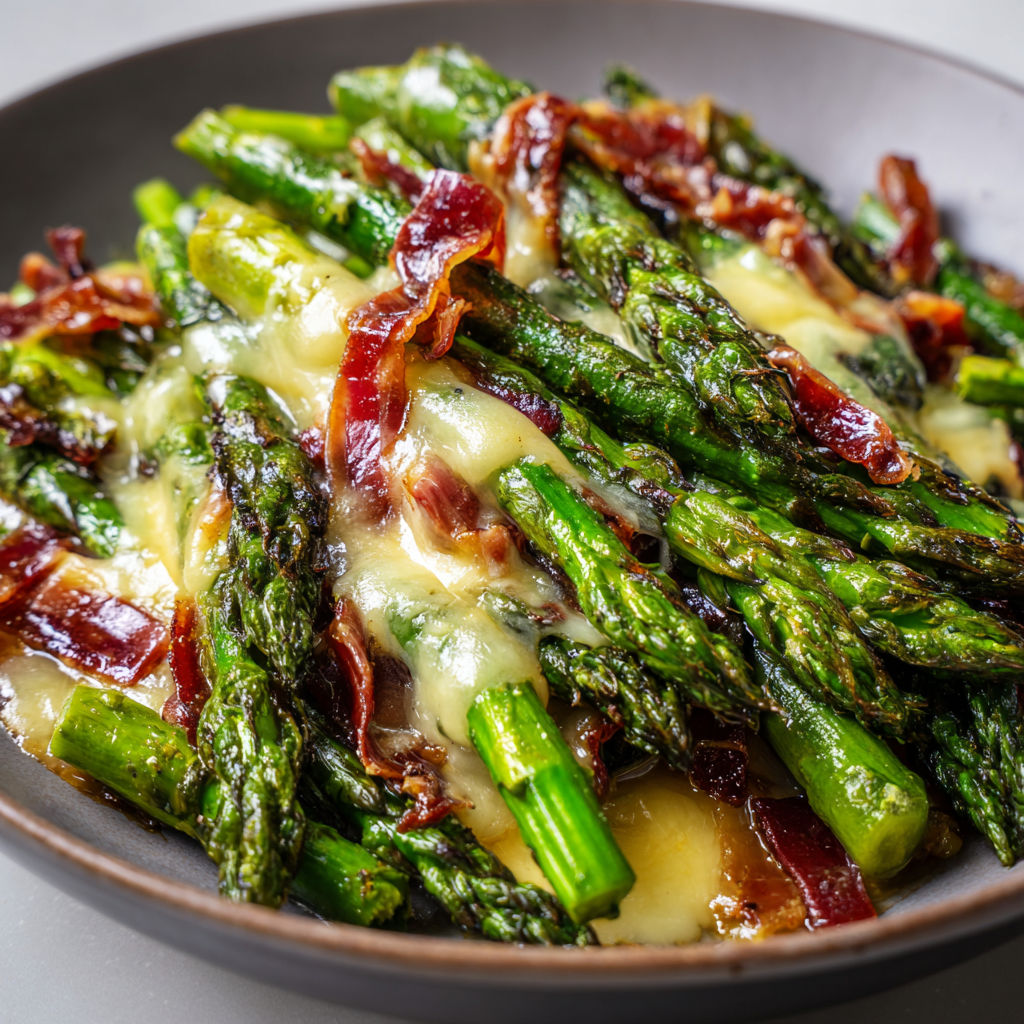 Asperges vertes sautées avec coppa et parmesan frais.