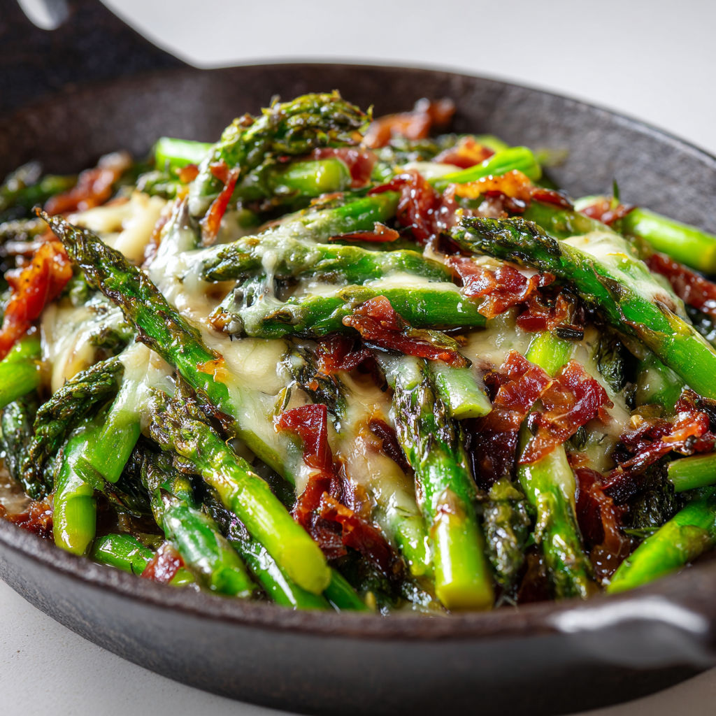 Asperges poêlées avec coppa croustillante, parmesan fondant et touche balsamique.
