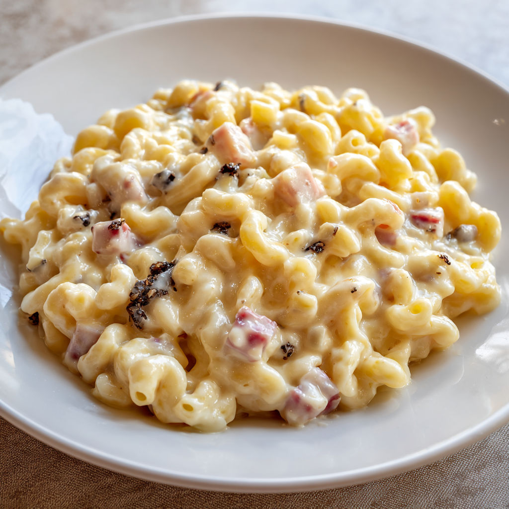 Risotto étonnant de coquillettes, truffe, emmental fondant et jambon.