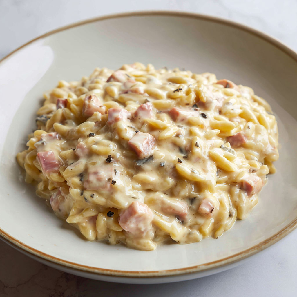 Coquillettes crémeuses, truffe, jambon et fromage bien filant à la française.