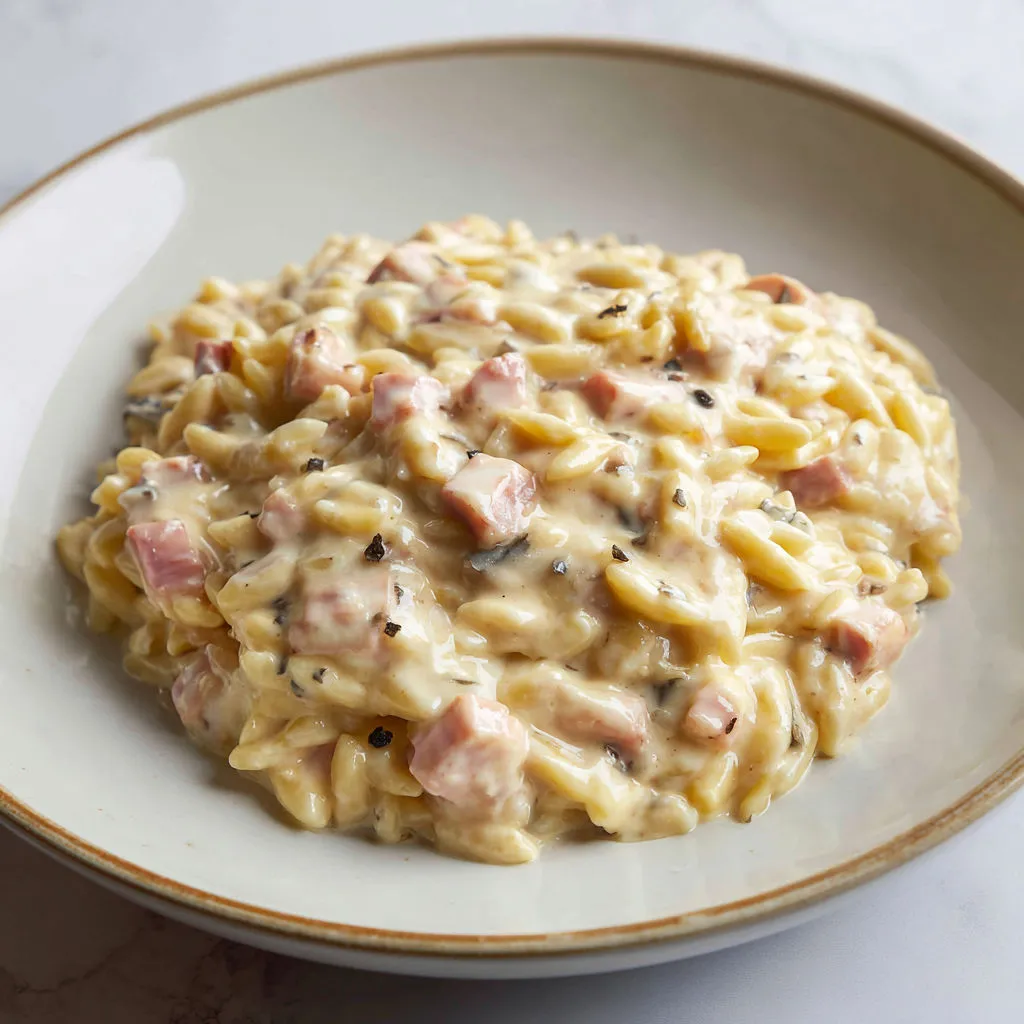 Coquillettes crémeuses, truffe, jambon et fromage bien filant à la française.
